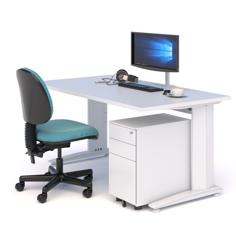 A WORKSPACE BUNDLE with DESK, CHAIR & DRAWS WHITE WITH WHITE TOP