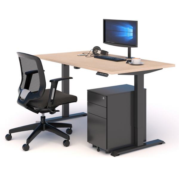 A WORKSPACE BUNDLE with STANDING DESK, MESH CHAIR & DRAWS OAK/BLACK
