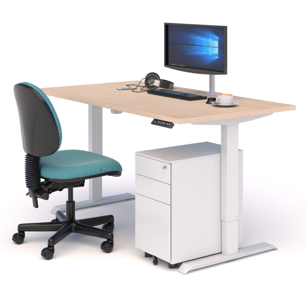 A WORKSPACE BUNDLE with STANDING DESK, CHAIR & DRAWS OAK/WHITE