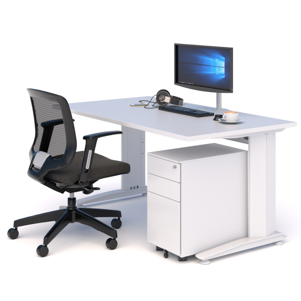 A WORKSPACE BUNDLE with DESK, MESH CHAIR & DRAWS WHITE WITH WHITE TOP